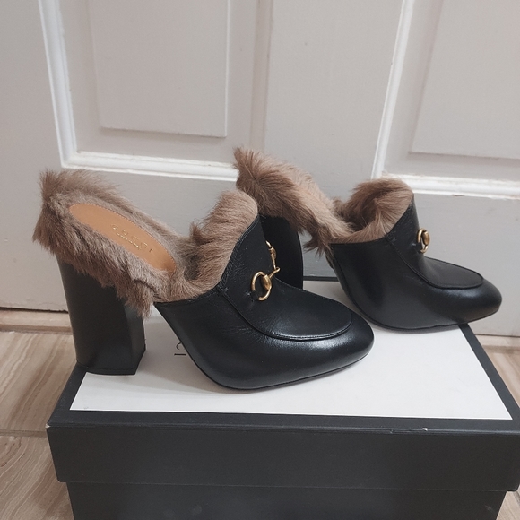 Gucci Black Princetown Fur Leather Malaga Canberra Heel Mule Slide - Picture 10 of 11